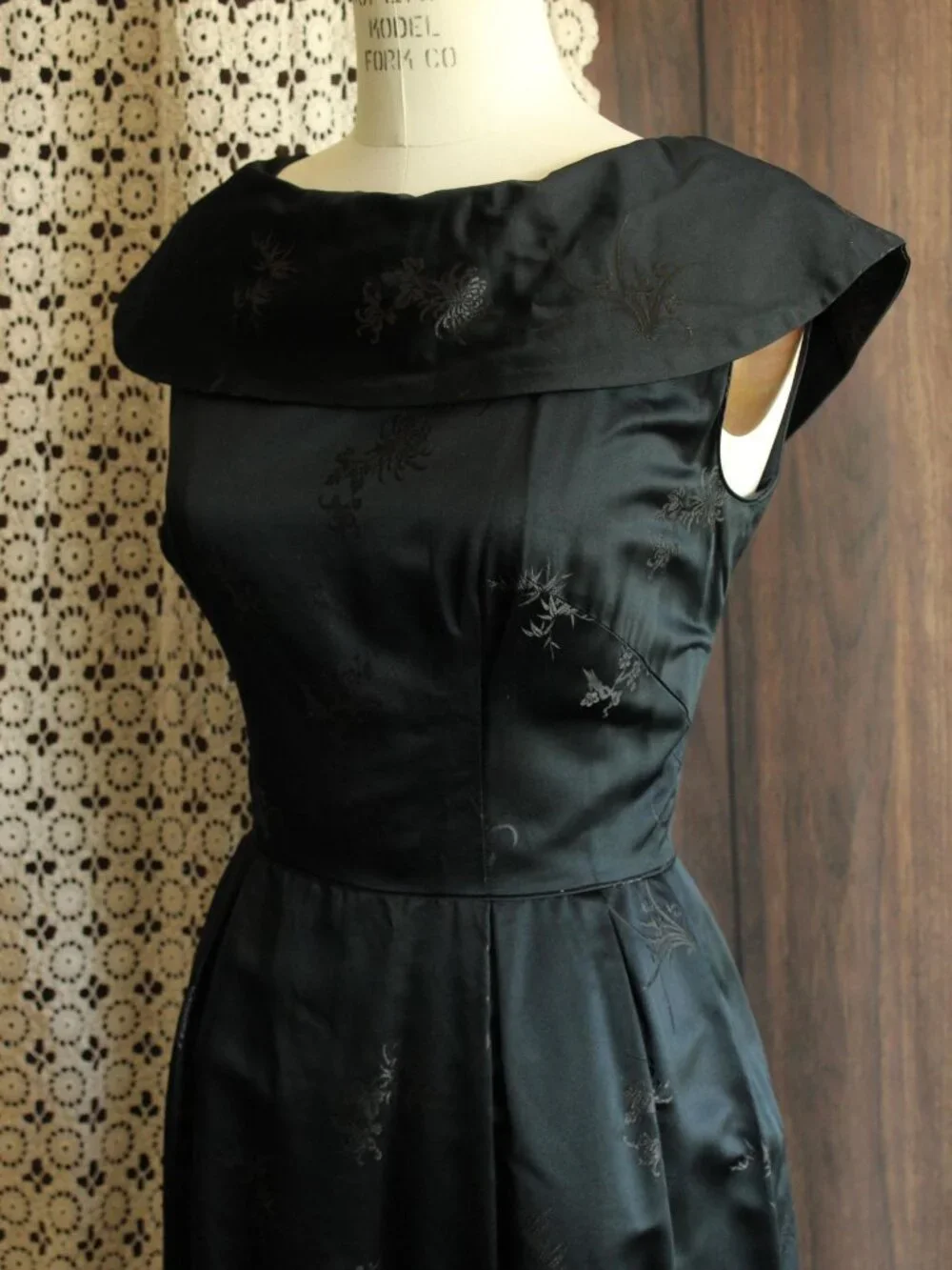 Vintage 1960s Dress, Black Satin Brocade Gown, Portrait Neckline Wiggle Style - Picture 13 of 13